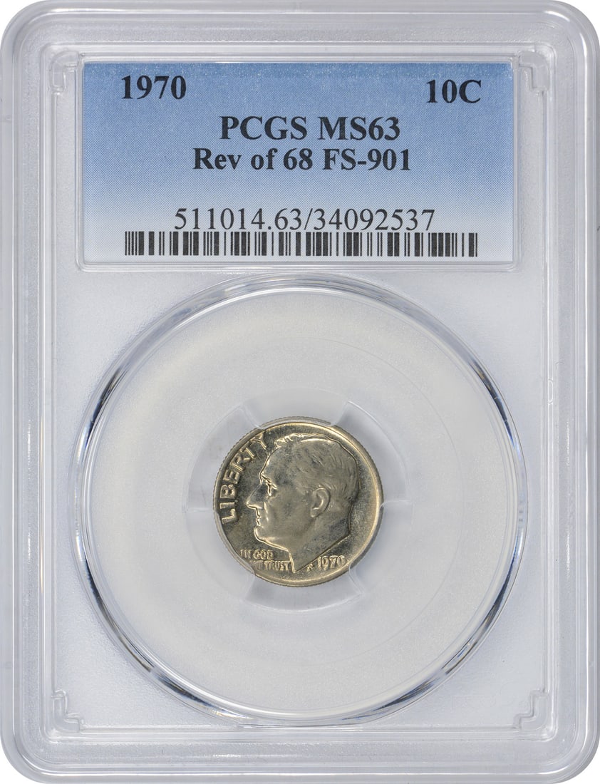 1970 Roosevelt Dime FS-901 MS63 PCGS Uncirculated Coin: 1970 Roosevelt Dime FS-901 MS63 PCGS Uncirculated Coin This 1970 Roosevelt Dime features the reverse of the 1968 design and is graded MS63 by PCGS, ensuring its uncirculated condition. The coin is com