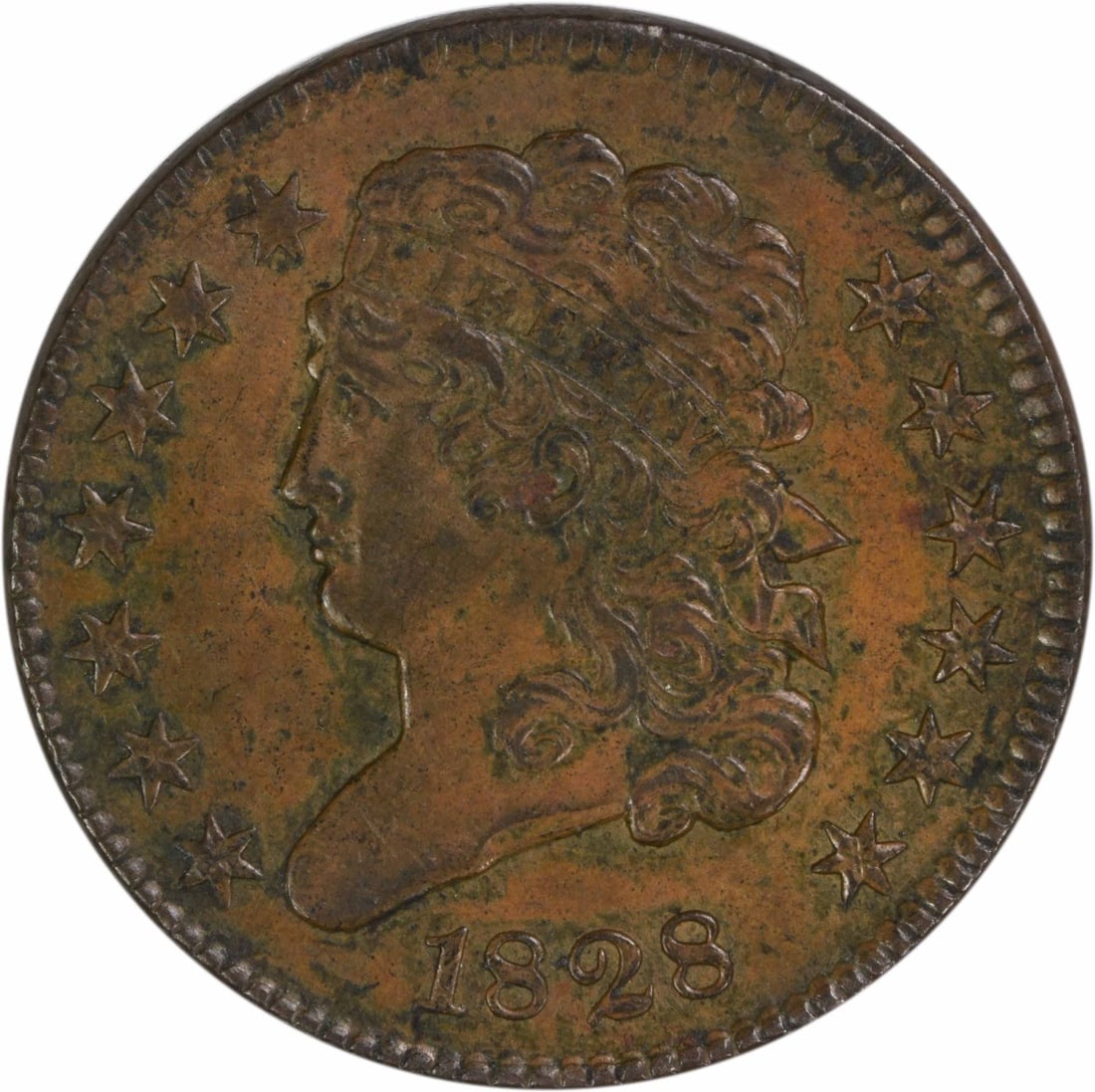 1828 Classic Head Half Cent Philadelphia Copper Coin AU Grade Uncertified: 1828 Classic Head Half Cent Philadelphia Copper Coin AU Grade Uncertified This is an 1828 Classic Head Half Cent featuring 13 stars, produced at the Philadelphia Mint. The coin is composed of copper w