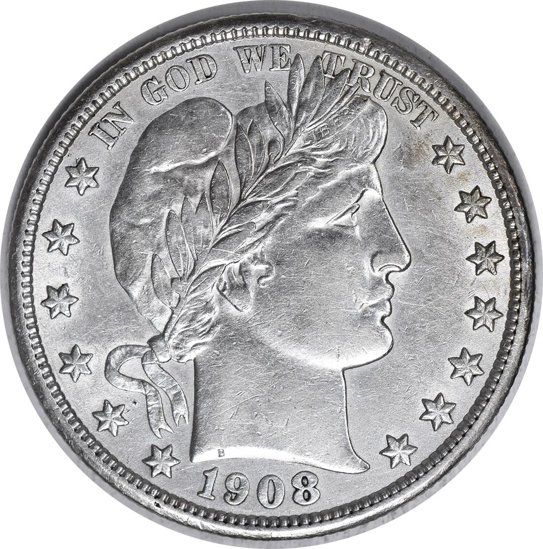 1908 Barber Silver Half Dollar Choice AU 90% Silver Uncertified: 1908 Barber Silver Half Dollar Choice AU 90% Silver Uncertified This 1908 Barber Silver Half Dollar is a beautiful choice in About Uncirculated (AU) condition. Minted in Philadelphia, this coin featur