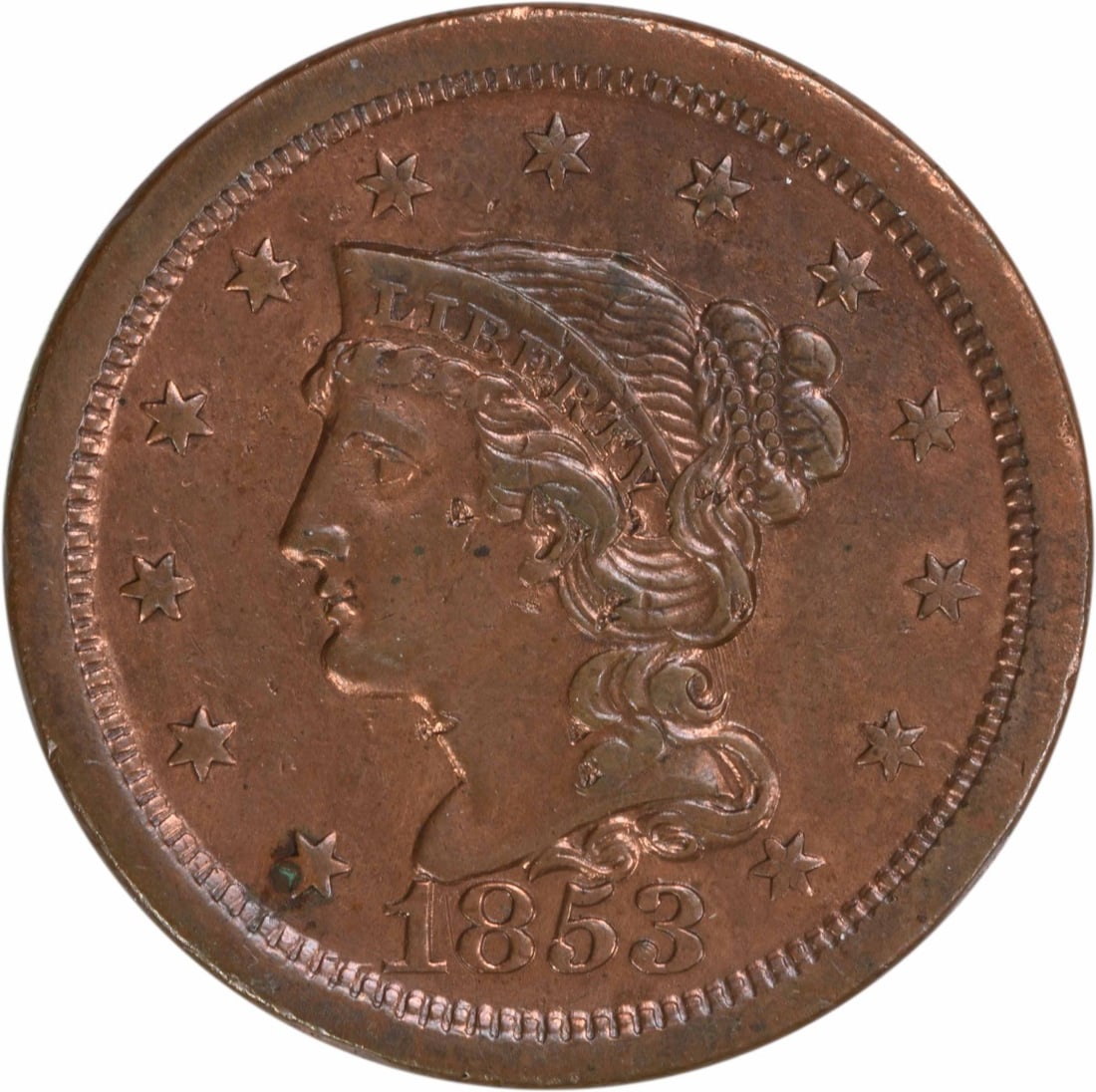 1853 Braided Hair Large Cent Coin EF Uncertified: 1853 Braided Hair Large Cent Coin EF Uncertified This 1853 Large Cent showcases the iconic Braided Hair design by Christian Gobrecht. Struck in Philadelphia, this coin is part of a mintage of 6,641,13