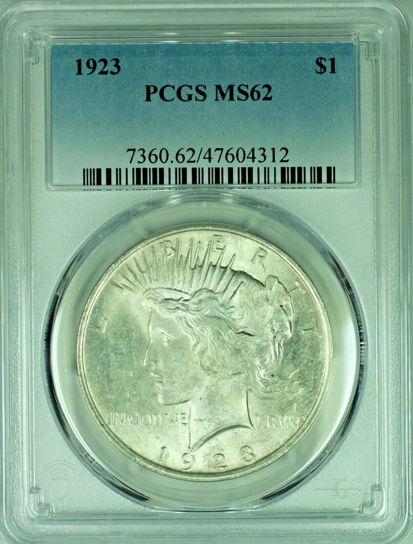 1923 Peace Dollar Silver Coin PCGS MS62 Certified Uncirculated $1: 1923 Peace Dollar Silver Coin PCGS MS62 Certified Uncirculated $1 This is a 1923 Peace Silver Dollar $1 coin from the United States, composed of silver. The coin is certified by PCGS with a grade of M