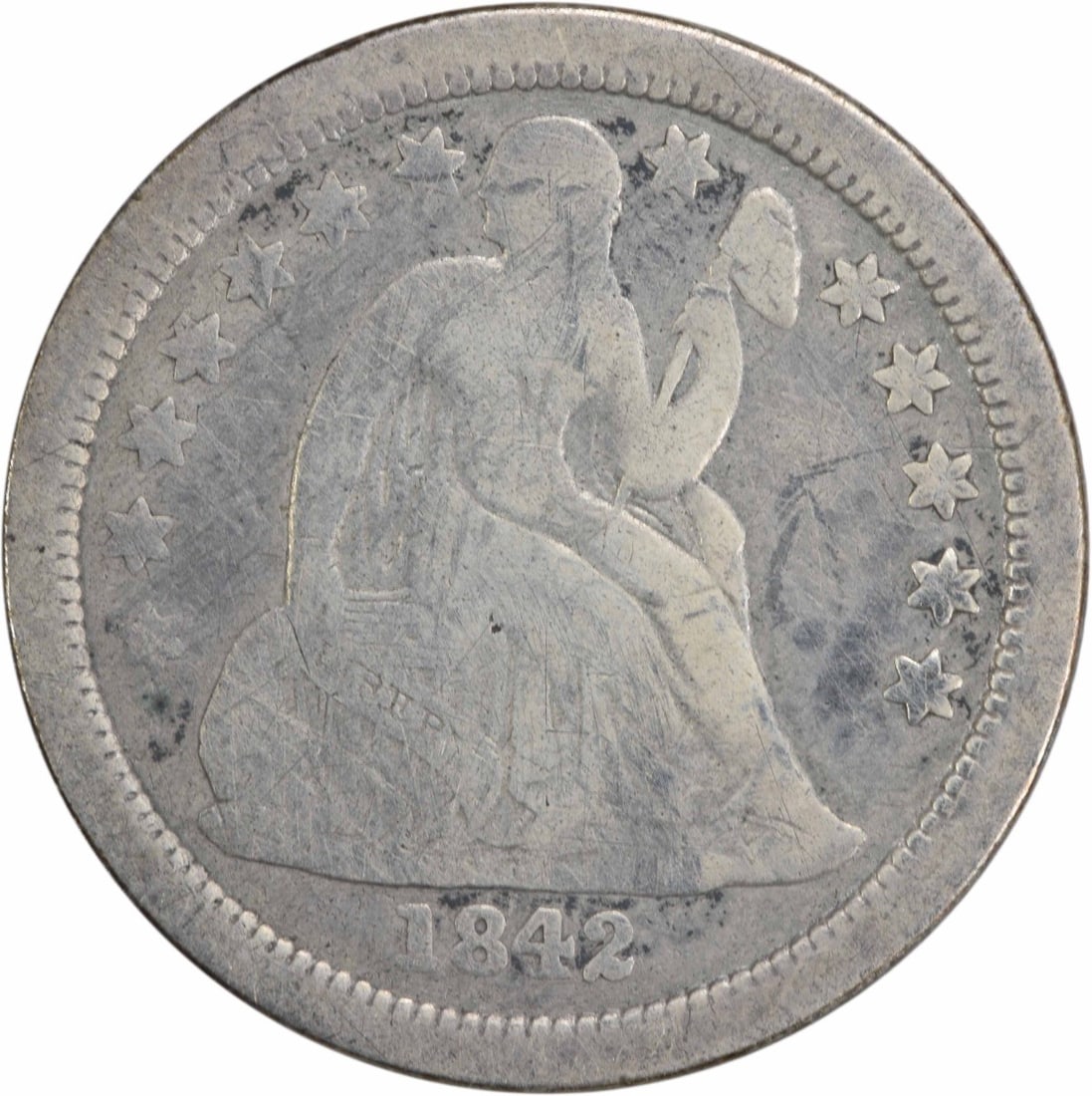 1842-O Liberty Seated Silver Dime Circulated Uncertified 10C: 1842-O Liberty Seated Silver Dime Circulated Uncertified 10C This 1842-O Liberty Seated Silver Dime is a remarkable piece from the United States, showcasing the artistry of designer Christian Gobrecht
