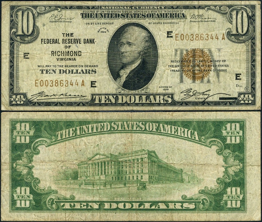 1929 $10 Federal Reserve Note Richmond E-A Block Circulated Fine (1 of 3)