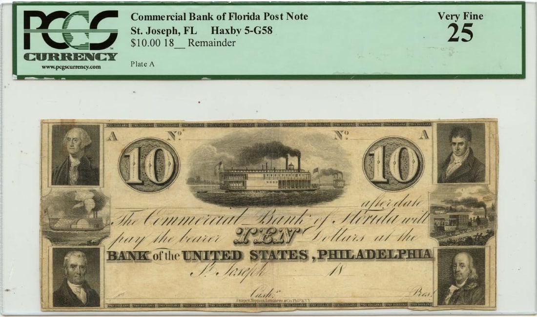 18XX $10 St. Joseph Florida Obsolete Note PCGS VF25: 18XX $10 St. Joseph Florida Obsolete Note PCGS VF25 This is an 18-dollar post note issued by the Commercial Bank of St. Joseph, Florida, certified by PCGS Currency. The note is graded VF25, indicating