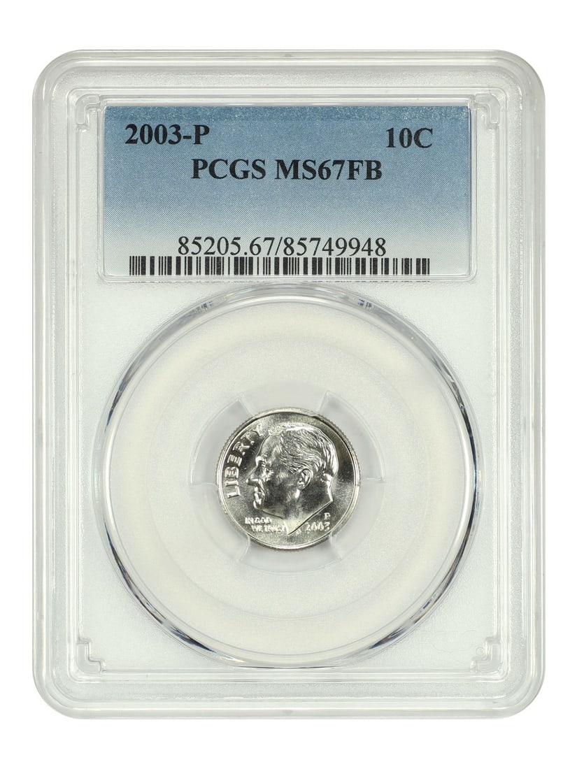 PCGS MS67FB 2003 Philadelphia Roosevelt Dime 10C Uncirculated: PCGS MS67FB 2003 Philadelphia Roosevelt Dime 10C Uncirculated This 2003-P Roosevelt Dime is graded MS67FB by PCGS and remains uncirculated. Minted in Philadelphia, it features the Full Bands (FB) desi