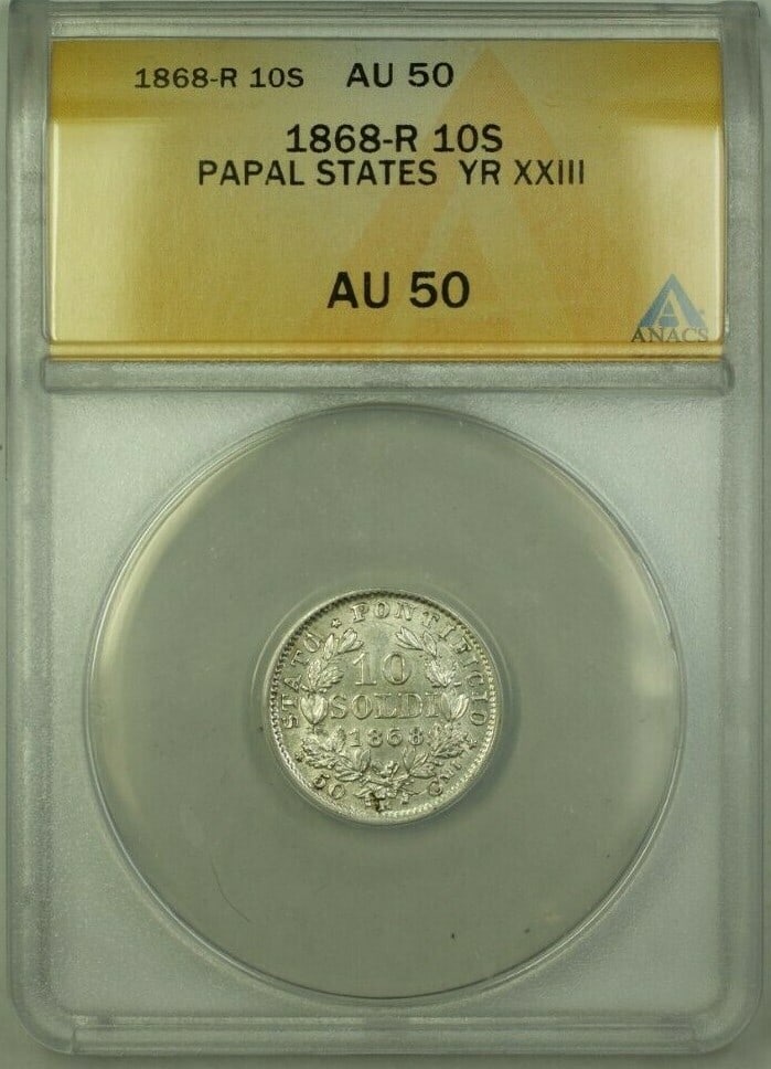 Papal States 1868-R 10 Soldi ANACS AU 50 Certified Coin Year XXIII: Papal States 1868-R 10 Soldi ANACS AU 50 Certified Coin Year XXIII This is an 1868-R Papal States Year XXIII 10 Soldi coin certified by ANACS with a grade of AU 50. The coin is from the Papal States a