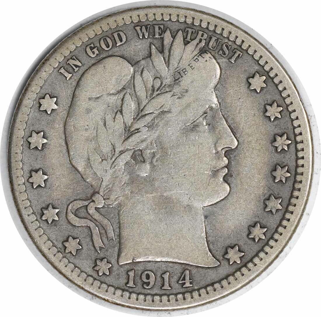 1914-S Barber Silver Quarter 25C Uncertified Charles E Barber Design: 1914-S Barber Silver Quarter 25C Uncertified Charles E Barber Design This 1914-S Barber Silver Quarter is a captivating piece for collectors, featuring a grade of Fine (F) and showcasing the artistry 