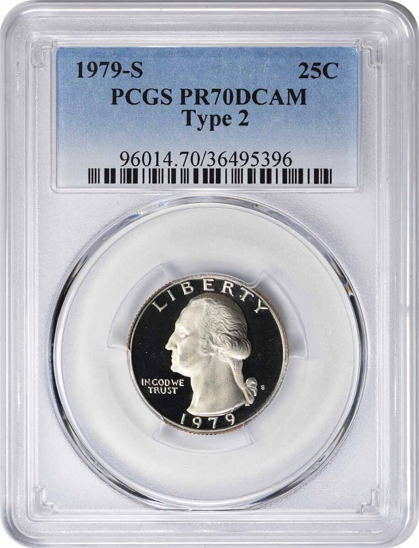 1979-S Washington Quarter Type 2 PR70DCAM PCGS Uncirculated: 1979-S Washington Quarter Type 2 PR70DCAM PCGS Uncirculated This 1979-S Washington Quarter, graded PR70DCAM by PCGS, is a remarkable example of a Proof coin. It features a flawless strike and exceptio