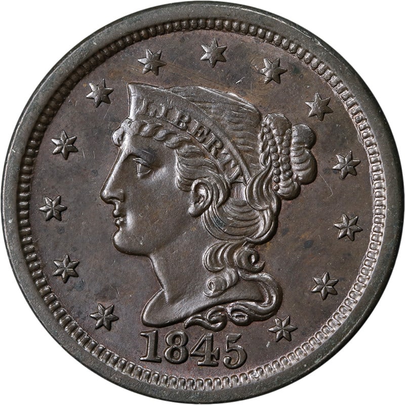1845 United States Copper Large Cent Uncirculated Details Strong Strike: 1845 United States Copper Large Cent Uncirculated Details Strong Strike This 1845 Large Cent features impressive eye appeal and a strong strike. The coin is uncirculated with nice details, though it m