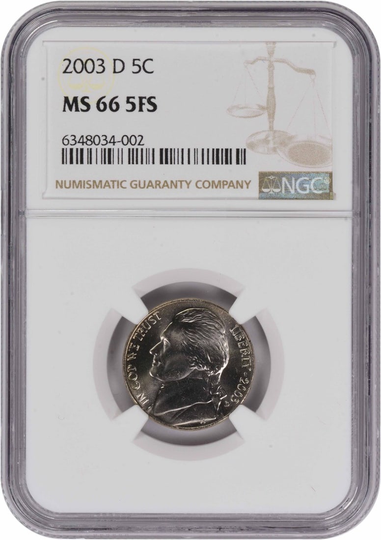 Jefferson 2003 Denver Nickel NGC MS66 Five Full Steps: Jefferson 2003 Denver Nickel NGC MS66 Five Full Steps This 2003-D Jefferson Nickel is graded MS66 5FS by NGC. It is an uncirculated coin from the Denver Mint, designed by Felix Schlag, and features a 