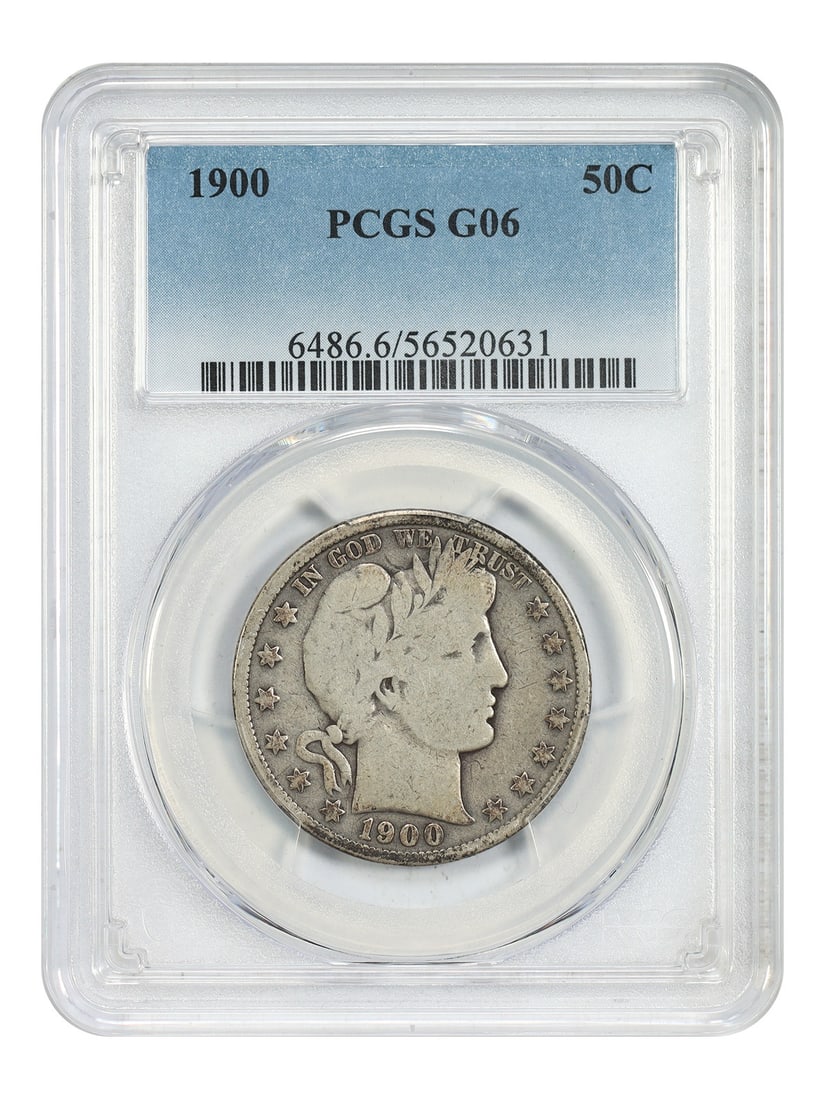 Barber Half Dollar 1900 PCGS Graded Good 6 Philadelphia: Barber Half Dollar 1900 PCGS Graded Good 6 Philadelphia This is a 1900 Barber Half Dollar graded Good 06 by PCGS. The coin is circulated and was minted in Philadelphia. It belongs to the Barber Half D