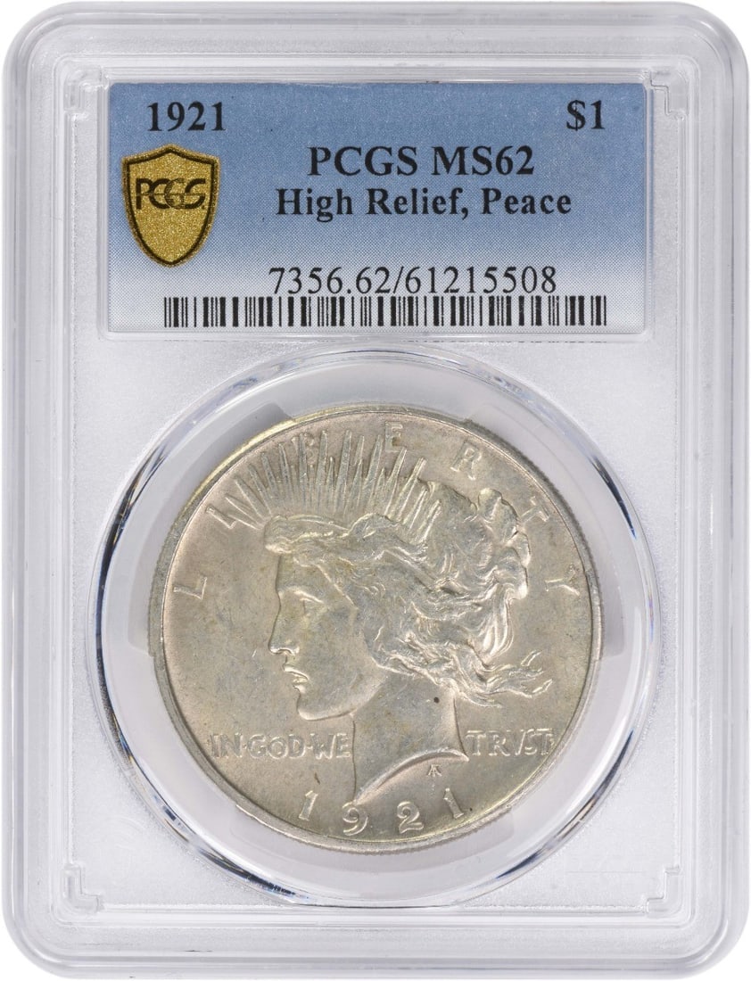 MS62 1921 Peace Dollar Silver Coin Certified by PCGS: MS62 1921 Peace Dollar Silver Coin Certified by PCGS This is a 1921 Peace Silver Dollar graded MS62 by PCGS. The coin is uncirculated and composed of silver, with no mint mark present. Issued in the U