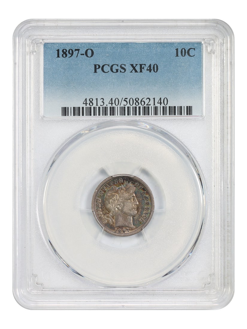 Barber Dime 1897-O New Orleans PCGS Graded XF40 Ten Cent Coin: Barber Dime 1897-O New Orleans PCGS Graded XF40 Ten Cent Coin This 1897-O Barber Dime is a circulated coin graded XF40 by PCGS. Minted in New Orleans, it features the classic Barber design and is part