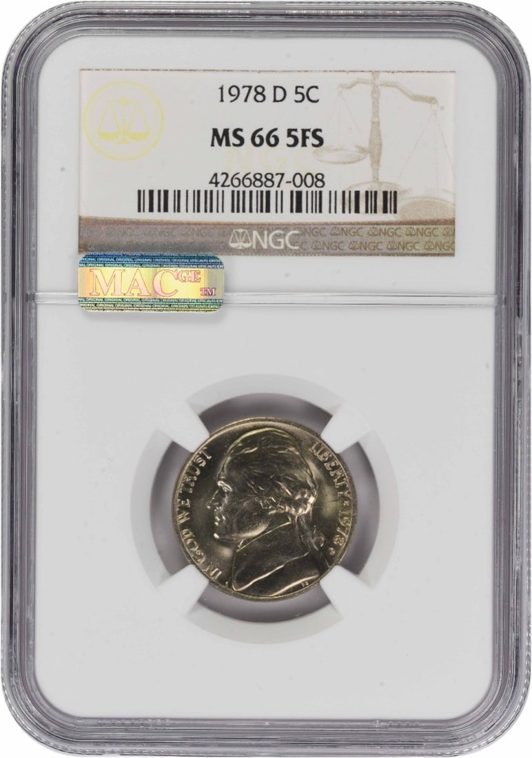NGC MS66 1978 Denver Five Cent Jefferson Nickel 5FS Designation: NGC MS66 1978 Denver Five Cent Jefferson Nickel 5FS Designation This 1978-D Jefferson Nickel is graded MS66 5FS by NGC and features the classic design by Felix Schlag. Struck in Denver, this uncircula