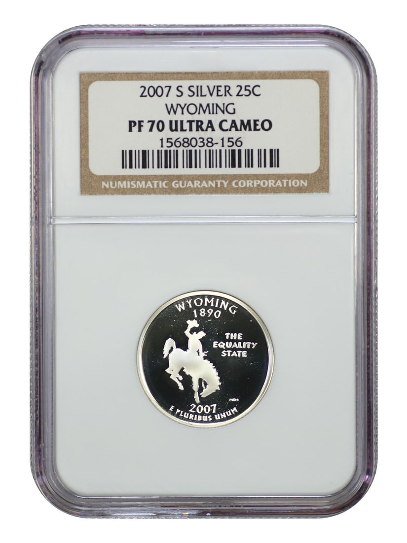 2007-S Wyoming 25C NGC PR70DCAM Silver State Quarter: 2007-S Wyoming 25C NGC PR70DCAM Silver State Quarter This 2007-S 25C Wyoming quarter is certified by NGC with a perfect grade of PR70DCAM, ensuring its premium quality and outstanding detail. Struck a