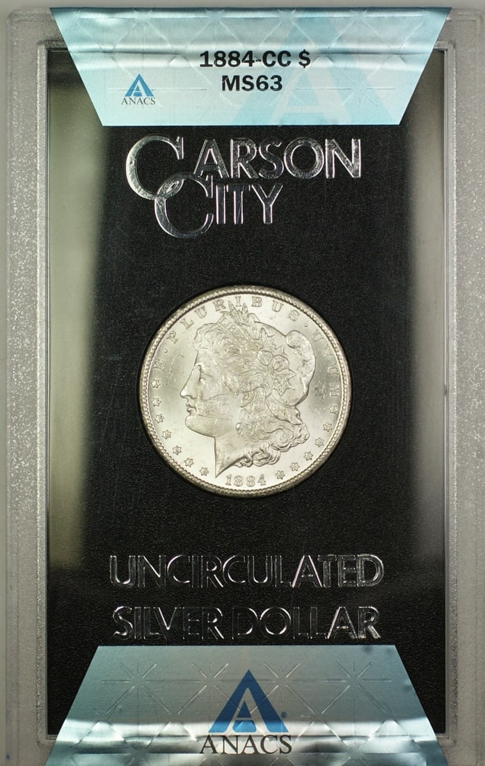 ANACS MS-63 Morgan Dollar 1884-CC Carson City GSA Silver Coin With Box and COA: ANACS MS-63 Morgan Dollar 1884-CC Carson City GSA Silver Coin With Box and COA This 1884-CC Morgan Silver Dollar is part of the GSA Hoard, struck at the Carson City Mint. The coin has been certified b