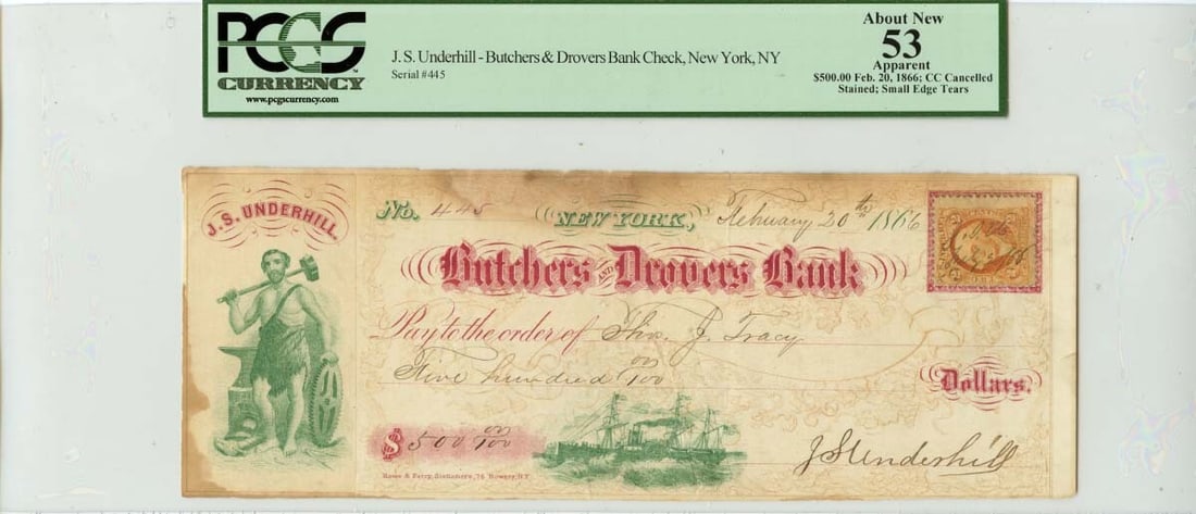 PCGS AU53 Certified 1866 Drovers Bank New York $500 J.S. Underhill Check (1 of 2)