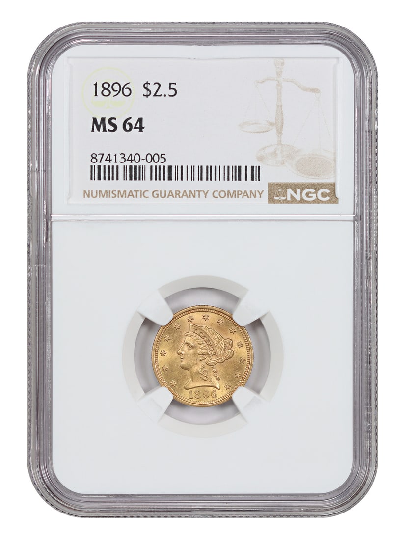 NGC MS64 1896 Liberty Head Quarter Eagle Gold Coin: NGC MS64 1896 Liberty Head Quarter Eagle Gold Coin This 1896 Liberty Head $2.5 gold coin from the Philadelphia Mint is certified by NGC with a grade of MS64. It features a frosty medium-gold appearanc