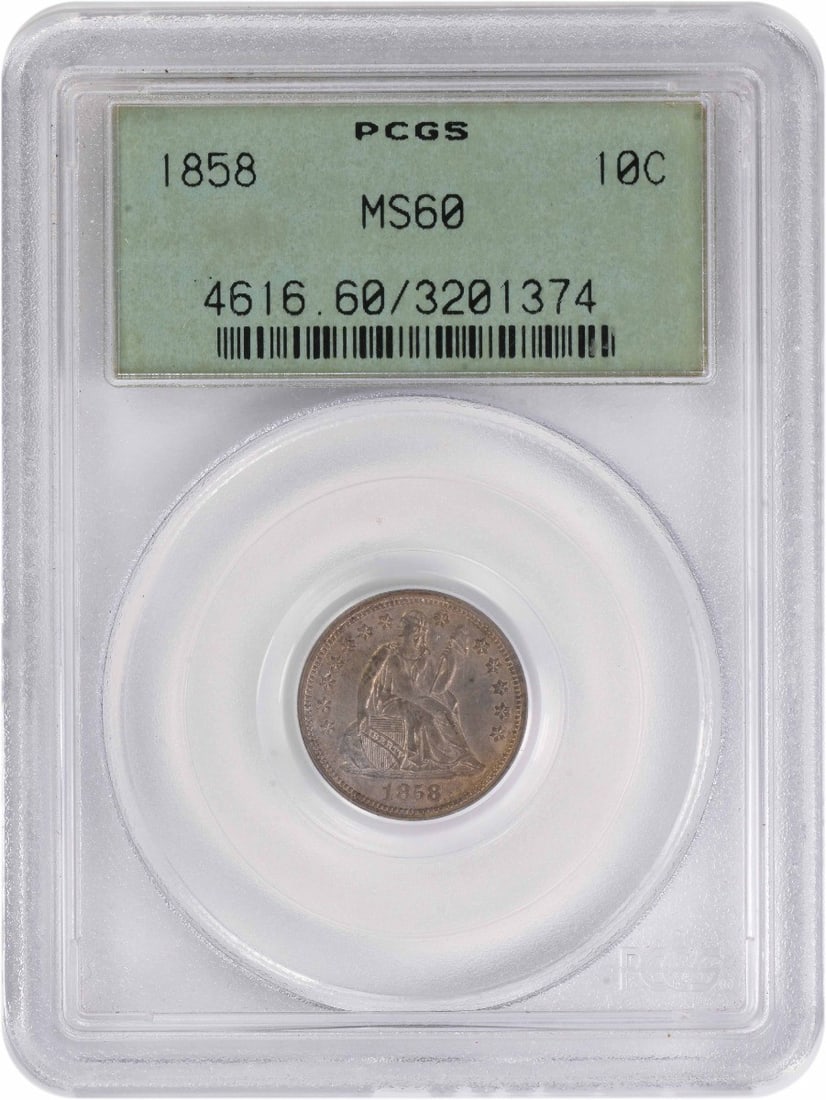 1858 Liberty Seated Dime MS60 Certified by PCGS: 1858 Liberty Seated Dime MS60 Certified by PCGS This 1858 Liberty Seated Silver Dime is a notable collectible coin that showcases historical significance and craftsmanship. Graded MS60 by PCGS, this d