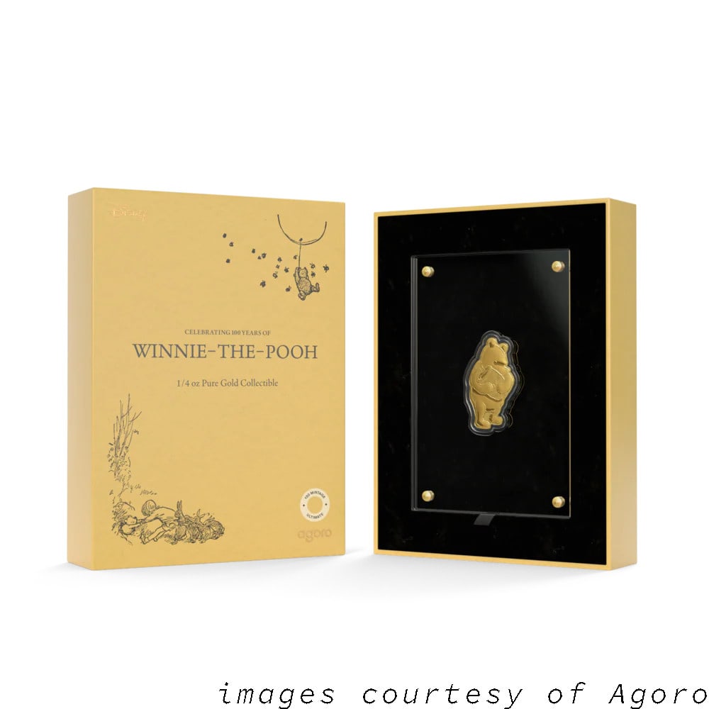 Winnie the Pooh 100th Anniversary 1/3 oz Gold Shaped Coin from Niue: Winnie the Pooh 100th Anniversary 1/3 oz Gold Shaped Coin from Niue This collectible 1/3 oz gold coin celebrates 100 years of Winnie the Pooh and features a unique shape depicting Winnie the Pooh hold