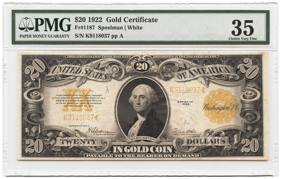 1922 $20 Gold Certificate PMG Choice VF35 Large Size: 1922 $20 Gold Certificate PMG Choice VF35 Large Size This 1922 $20 Gold Certificate is a remarkable piece of currency history. Graded by PMG as Choice VF35, this large size note has been circulated an
