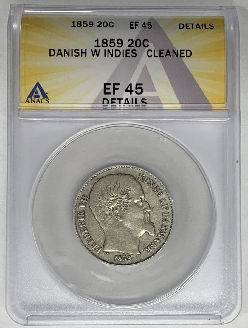 1859 20 Cents Danish West Indies Coin ANACS XF 45 Cleaned (1 of 2)