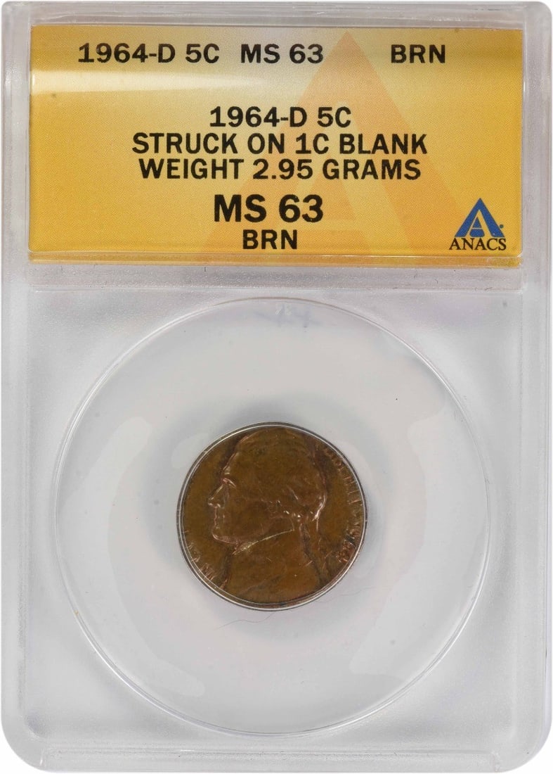 ANACS MS63 1964-D Jefferson Five Cent Error on One Cent Planchet (1 of 2)