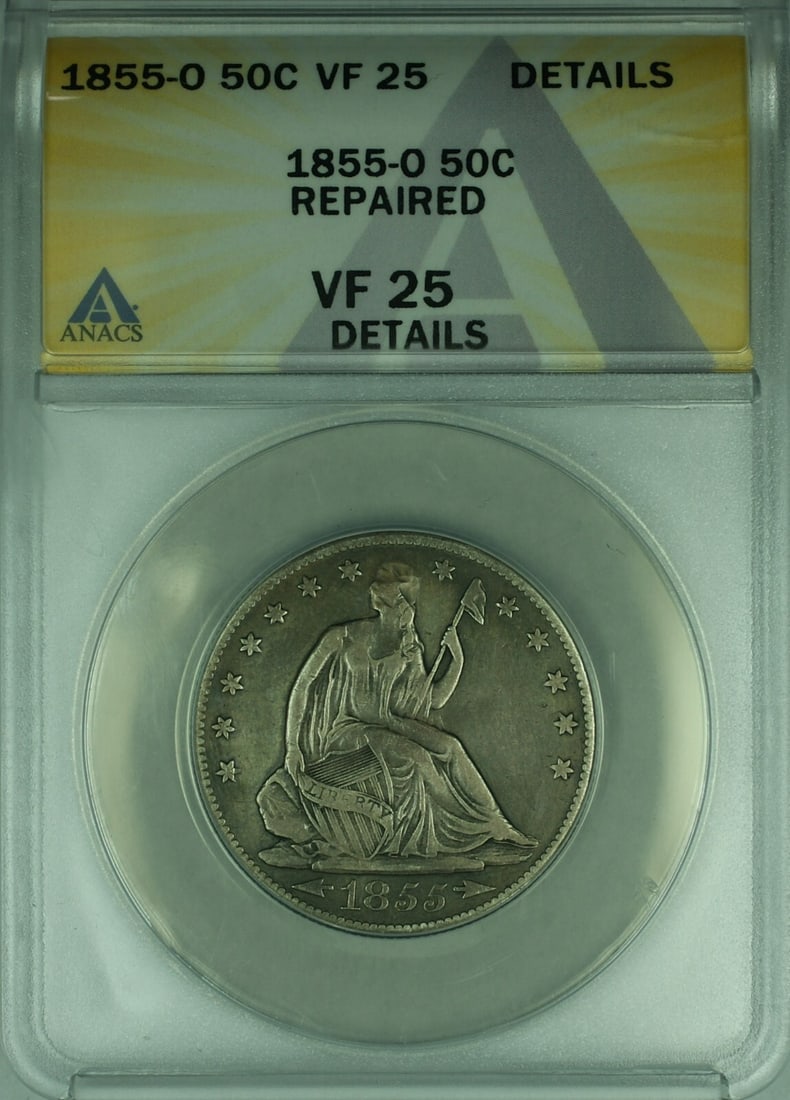 1855-O Seated Liberty Half Dollar Silver 50C ANACS VF-25 Details Repaired: 1855-O Seated Liberty Half Dollar Silver 50C ANACS VF-25 Details Repaired This is an 1855-O Seated Liberty Half Dollar silver coin from the United States, minted in New Orleans. Certified by ANACS wit