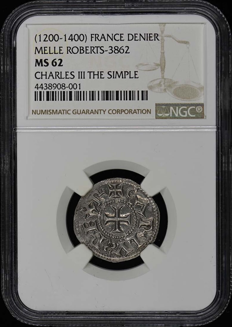 Charles III The Simple France Denier NGC MS62 R-3862: Charles III The Simple France Denier NGC MS62 R-3862 This is an uncirculated denier from the reign of Charles III The Simple, minted in Melle, France, dating back to the period of 900-1100 AD. It has 