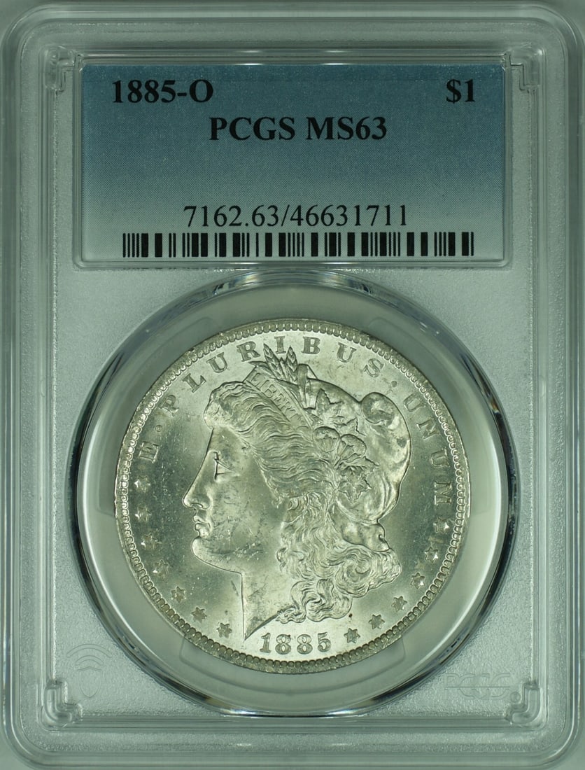 PCGS MS63 1885-O Morgan Dollar New Orleans Silver $1 Coin: PCGS MS63 1885-O Morgan Dollar New Orleans Silver $1 Coin This is an 1885-O Morgan Silver Dollar coin certified by PCGS with a grade of MS 63. Minted in New Orleans, this uncirculated silver dollar fe
