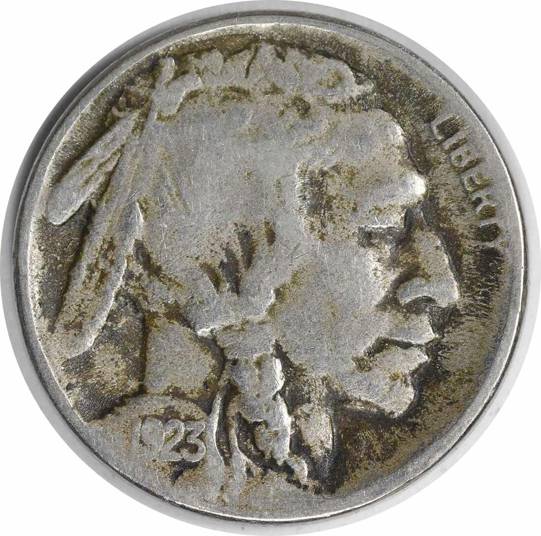 1923-S Buffalo Nickel VF Circulated 5C Uncertified Coin: 1923-S Buffalo Nickel VF Circulated 5C Uncertified Coin This 1923-S Buffalo Nickel showcases a vintage design with a value of 5 cents. It is in Very Fine (VF) condition, reflecting its circulated stat