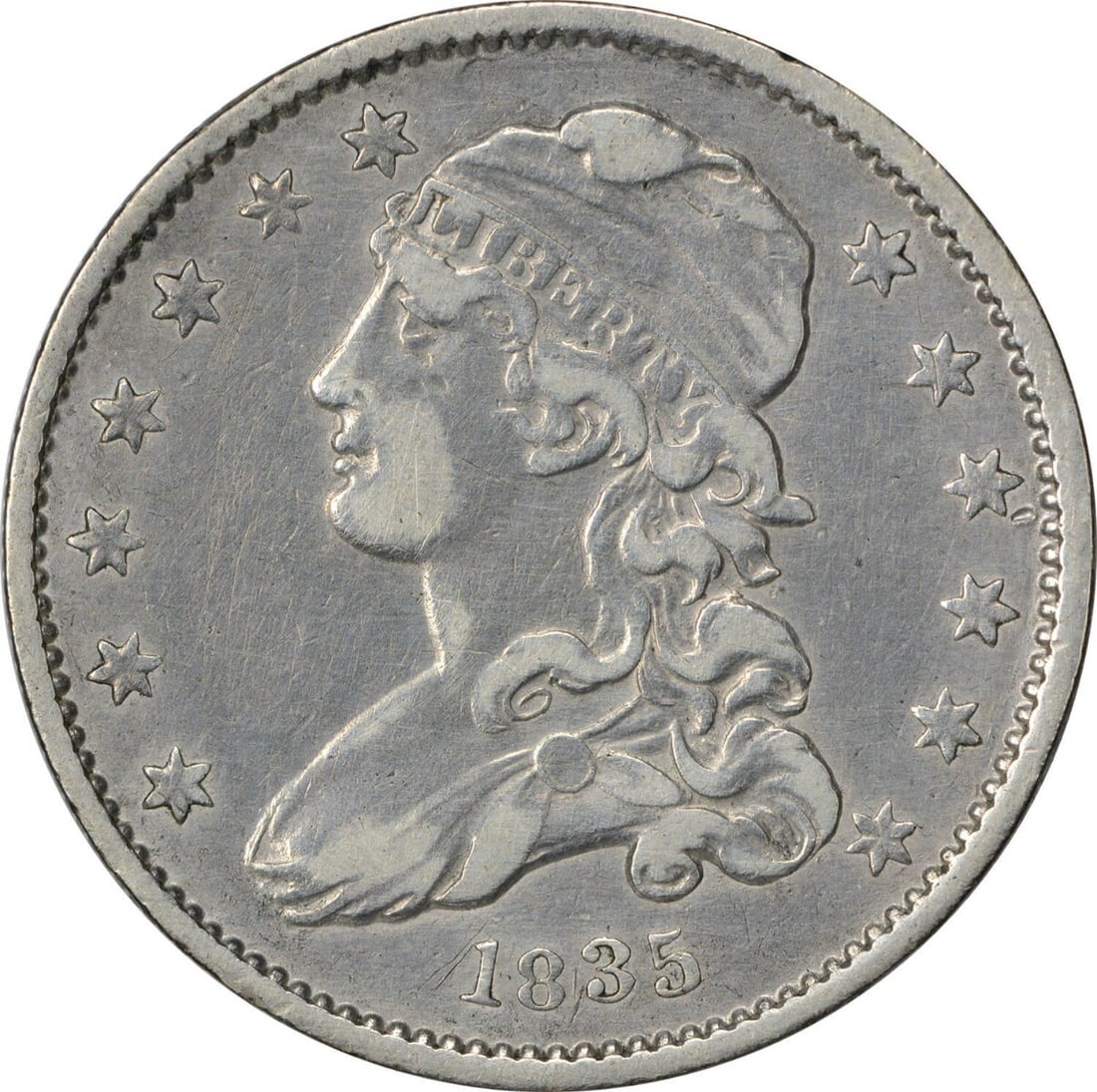 1835 Capped Bust Quarter 25C by William Kneass Uncertified: 1835 Capped Bust Quarter 25C by William Kneass Uncertified This 1835 Bust Quarter features a stunning Capped Bust design, crafted by designer William Kneass. It has been circulated and is in Extra Fin