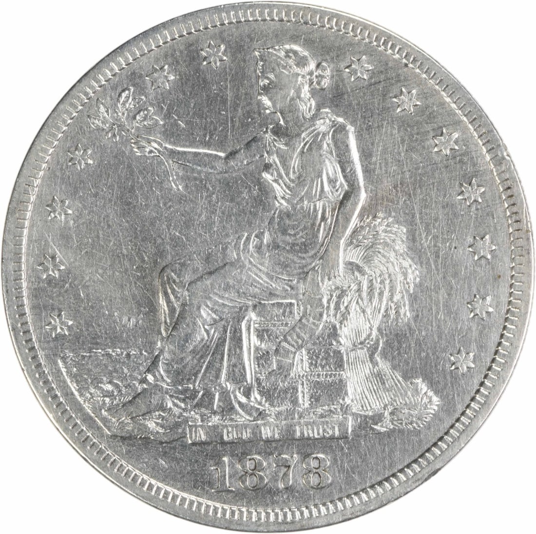 1878-S Trade Silver Dollar 90% Silver San Francisco Mint: 1878-S Trade Silver Dollar 90% Silver San Francisco Mint This 1878-S Trade Silver Dollar is an exquisite example of historic currency, featuring a design by William Barber. The coin is composed of 90%