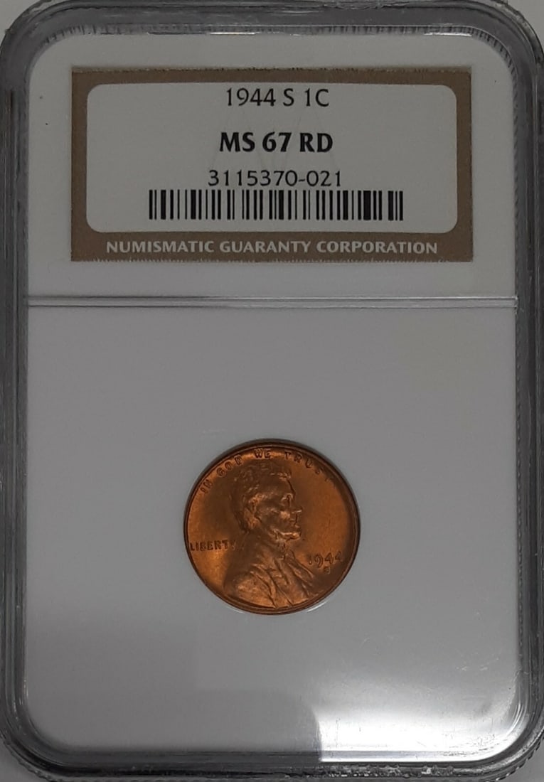 NGC MS-67 RD 1944-S Lincoln Wheat Cent Copper San Francisco Mint: NGC MS-67 RD 1944-S Lincoln Wheat Cent Copper San Francisco Mint This 1944-S Lincoln Wheat Cent is an un-used coin certified by NGC with a grade of MS-67 RD. Minted in San Francisco, it is composed of