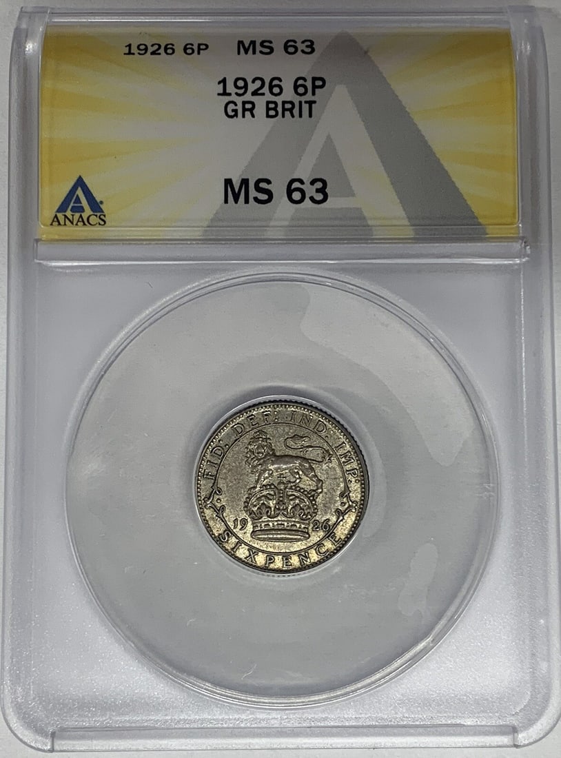 ANACS MS 63 Certified 1926 United Kingdom 6 Pence Coin: ANACS MS 63 Certified 1926 United Kingdom 6 Pence Coin This is a 1926 Great Britain 6 Pence coin, certified by ANACS with a grade of MS 63. The coin is pre-owned and originates from the United Kingdom