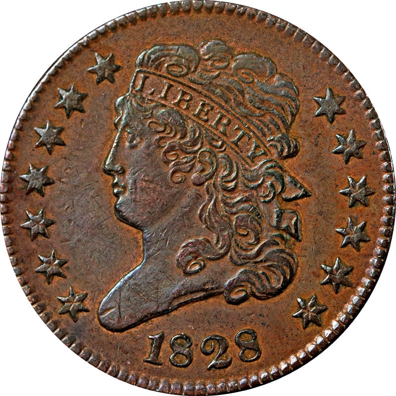 1828 United States Classic Head Copper Half Cent Coin: 1828 United States Classic Head Copper Half Cent Coin This is an 1828 Classic Head Half Cent from the United States. The coin is composed of copper and is in circulated, pre-owned condition. It is unc
