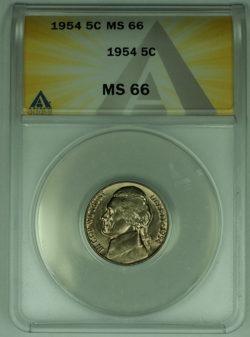 ANACS MS 66 1954 Jefferson Nickel Toned Five Cent Coin: ANACS MS 66 1954 Jefferson Nickel Toned Five Cent Coin This is a 1954 Jefferson Nickel from the United States with a denomination of 5 cents. The coin features a toned surface and is uncirculated. It 