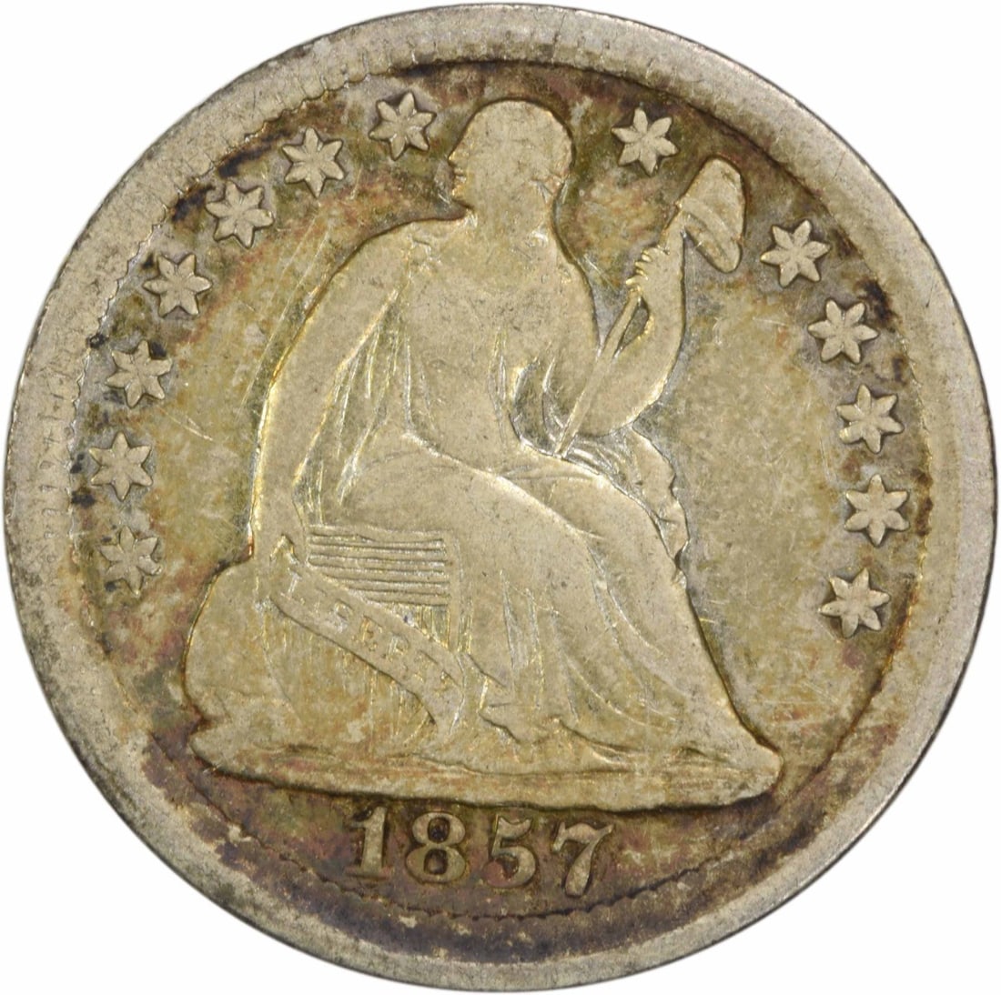 1857 Liberty Seated Half Dime 90% Silver Uncertified Coin: 1857 Liberty Seated Half Dime 90% Silver Uncertified Coin This 1857 Liberty Seated Silver Half Dime is a remarkable collectible coin from the United States, minted in Philadelphia. It features the ico