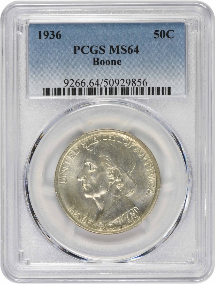 1936 Boone Commemorative Silver Half Dollar MS64 PCGS Uncirculated: 1936 Boone Commemorative Silver Half Dollar MS64 PCGS Uncirculated This Boone Commemorative Silver Half Dollar, minted in 1936, is graded MS64 by PCGS, indicating its uncirculated condition. The coin 