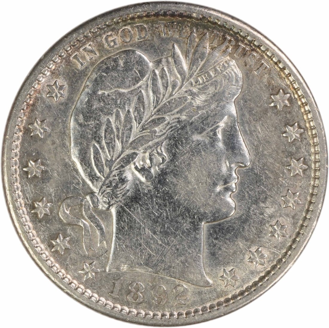 AU Grade 1892 San Francisco Barber Quarter 90 Percent Silver Uncertified: AU Grade 1892 San Francisco Barber Quarter 90 Percent Silver Uncertified This 1892-S Barber Quarter is a circulated coin graded AU (About Uncirculated) and remains uncertified. Minted in San Francisco
