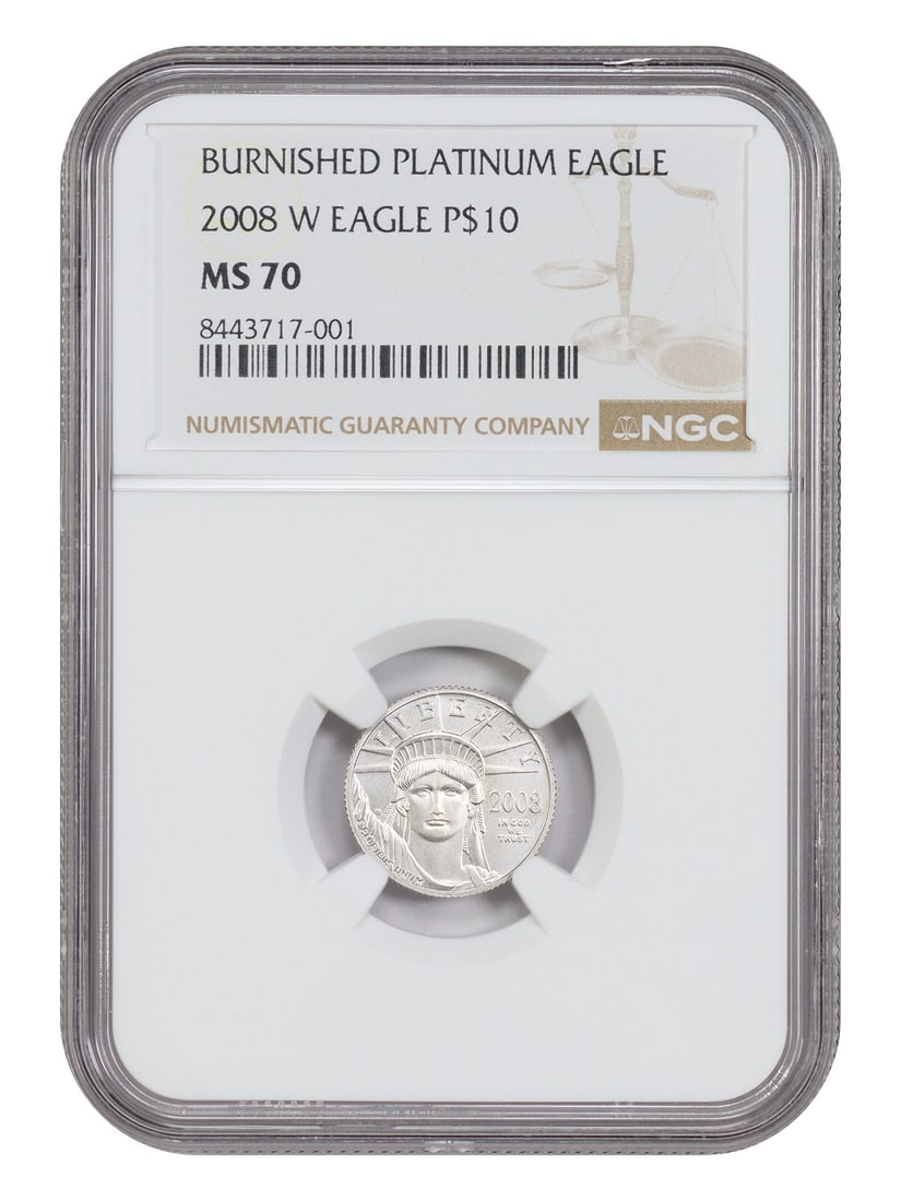 2008 West Point $10 Platinum Eagle NGC SP70 Burnished Coin: 2008 West Point $10 Platinum Eagle NGC SP70 Burnished Coin This 2008-W $10 Burnished Platinum Eagle coin is certified by NGC with a grade of SP70, indicating a flawless specimen. Struck at the West Po