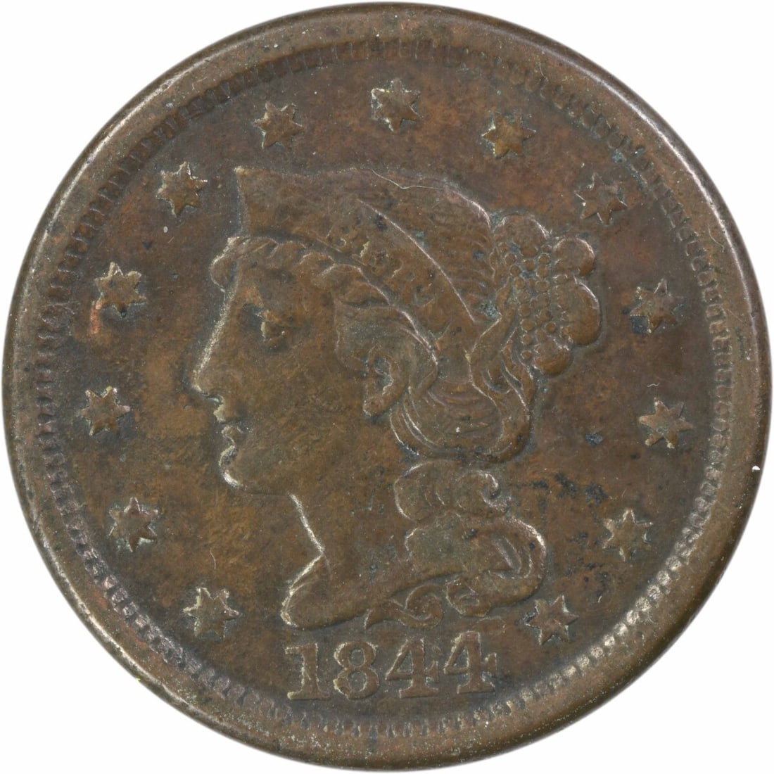 1844 Large Cent VF Braided Hair Christian Gobrecht Copper Coin: 1844 Large Cent VF Braided Hair Christian Gobrecht Copper Coin This 1844 Large Cent is a notable collectible featuring the iconic Braided Hair design by Christian Gobrecht. Struck at the Philadelphia 