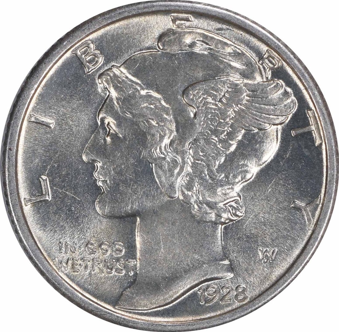 1928 Mercury Silver Dime Choice BU+ Uncertified 10C Coin: 1928 Mercury Silver Dime Choice BU+ Uncertified 10C Coin This 1928 Mercury Silver Dime is in Choice BU+ condition and remains uncirculated. It features a striking design and is composed primarily of s