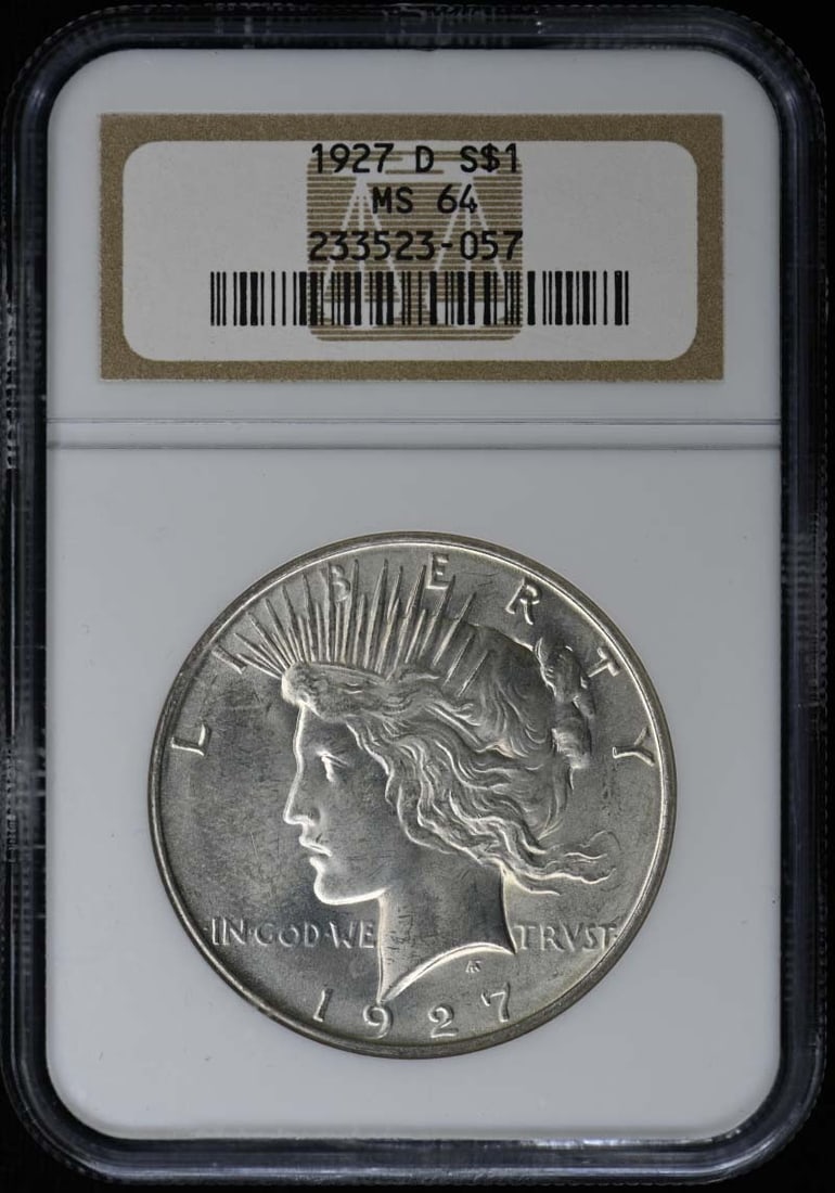 1927 Denver Peace Silver Dollar NGC MS64 Uncirculated US Coin: 1927 Denver Peace Silver Dollar NGC MS64 Uncirculated US Coin This 1927-D Peace Dollar is certified by NGC with a grade of MS64. Minted in Denver, it is an uncirculated coin from the United States and