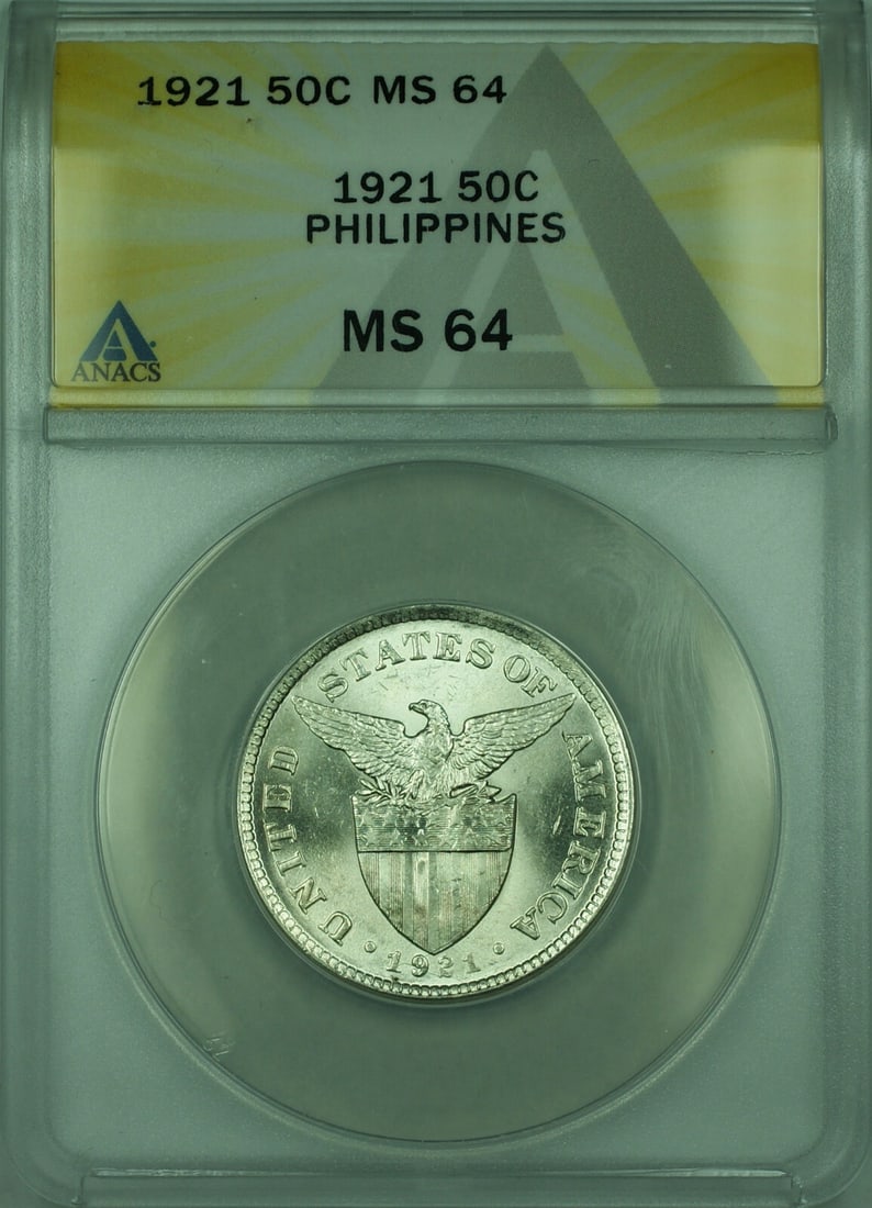 1921 Philippines 50 Centavos Silver Coin ANACS MS-64 KM 171: 1921 Philippines 50 Centavos Silver Coin ANACS MS-64 KM 171 This 1921 50 Centavos silver coin from the Philippines is certified by ANACS with a grade of MS-64. Issued during the U.S. historical period