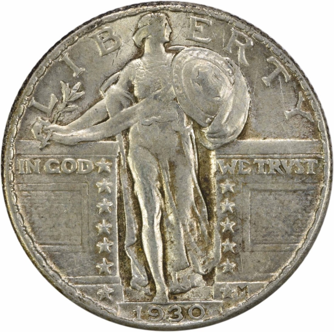 1930 Standing Liberty Quarter 90% Silver AU Coin by Hermon A Mac Neil: 1930 Standing Liberty Quarter 90% Silver AU Coin by Hermon A Mac Neil This 1930 Standing Liberty Silver Quarter is a beautiful example of American numismatic history. Featuring a design by Hermon A. M