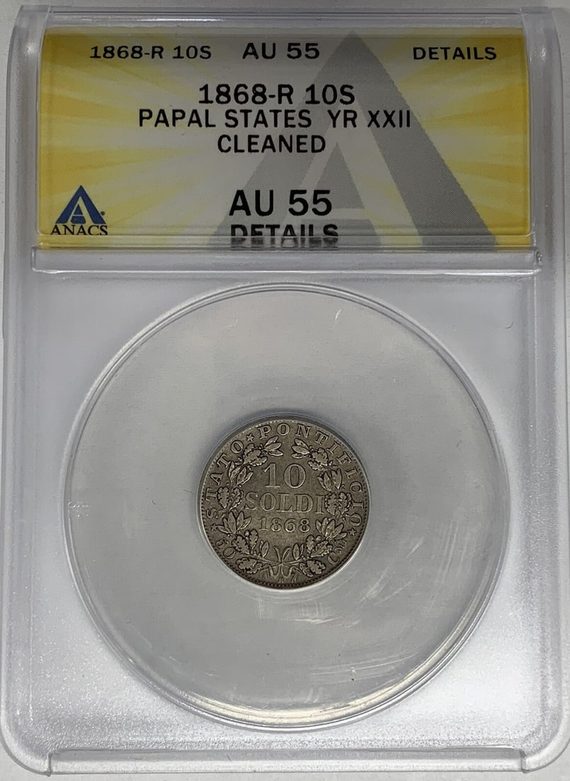 ANACS AU 55 Details 1868 Italy Papal States 10 Soldi Silver Coin Cleaned: ANACS AU 55 Details 1868 Italy Papal States 10 Soldi Silver Coin Cleaned This is an 1868-R Papal States 10 Soldi coin from Italy, composed of silver. The coin is certified by ANACS with a grade of AU 