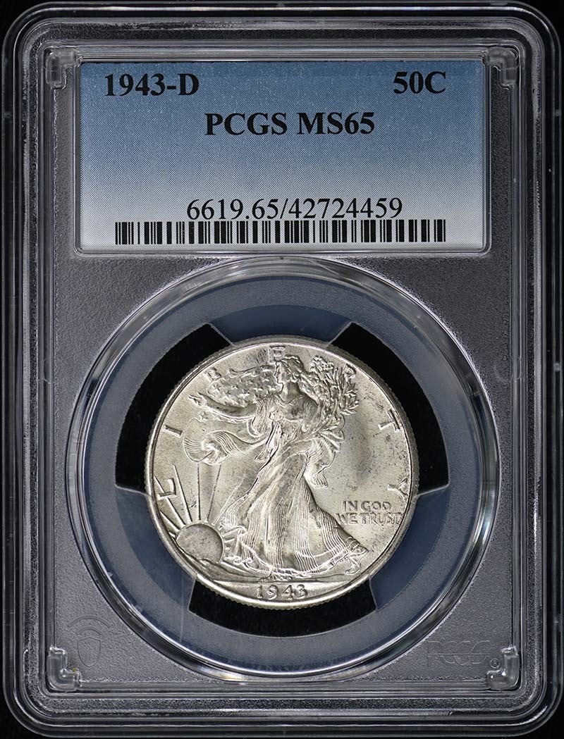 1943 Denver Walking Liberty Half Dollar Graded MS65 by PCGS: 1943 Denver Walking Liberty Half Dollar Graded MS65 by PCGS This is a 1943-D Walking Liberty Half Dollar graded MS65 by PCGS. Minted in Denver, this uncirculated coin is a pre-owned example of the Wal