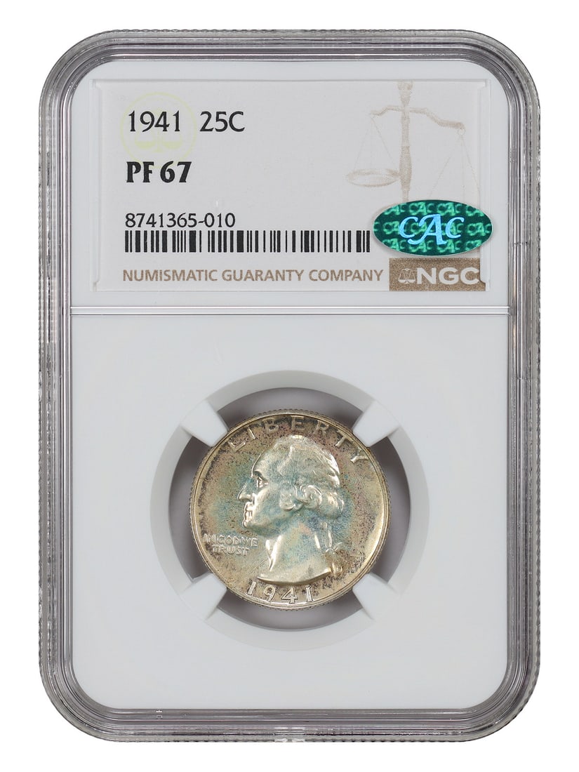 1941 Washington Quarter Proof 25C NGC CAC PR67 Philadelphia: 1941 Washington Quarter Proof 25C NGC CAC PR67 Philadelphia This 1941 Washington Quarter features a proof strike and has been graded PR67 by NGC with CAC approval. Minted in Philadelphia, it is uncirc