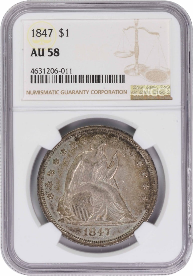 1847 Seated Liberty Dollar NGC AU58 Certified Silver Coin: 1847 Seated Liberty Dollar NGC AU58 Certified Silver Coin This 1847 Liberty Seated Silver Dollar features the iconic design by Christian Gobrecht and is graded AU58 by NGC. Struck in Philadelphia, thi